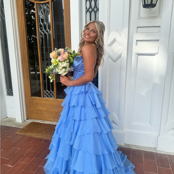 Sherri Hill Blue Ruffled Strapless Dress